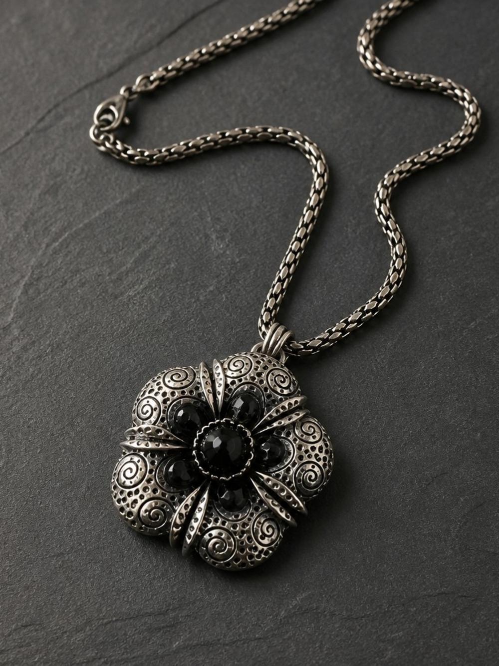 Boutique Silver Black Flower Pendant Necklace - Picture 2 of 4